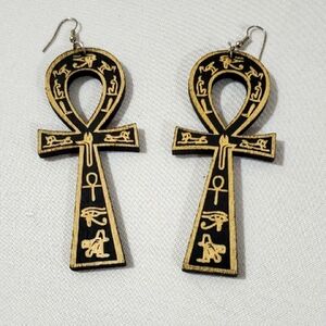 Egyptian woodenGold and Black Ankh Earrings